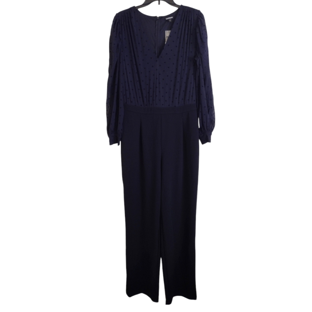 Express NWT long sleeved Navy Polka Dot Jumpsuit size large